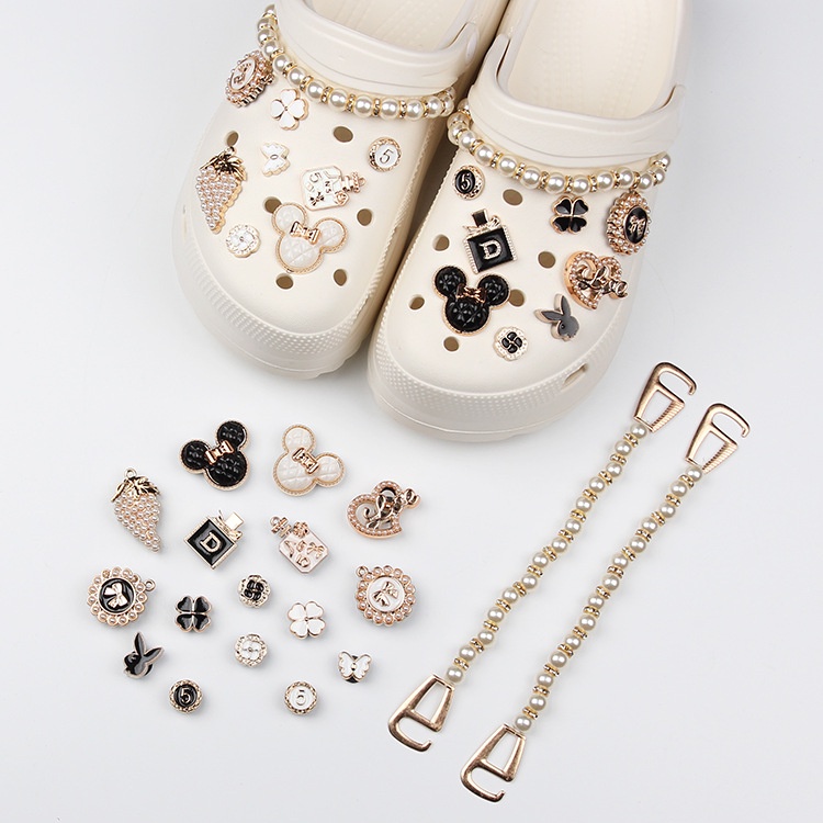 18pcs Double Chain Perfume Mickey Crocs DIY Charm Shoe Accessories#Black and White Series